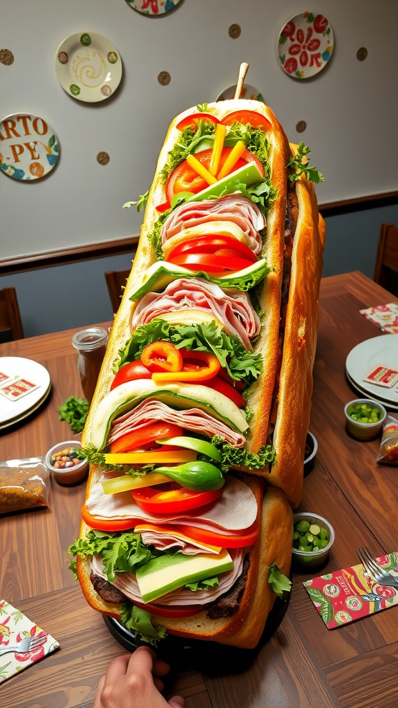 A large, 6-foot sub sandwich with layers of meats, cheese, and vegetables on a rustic table.